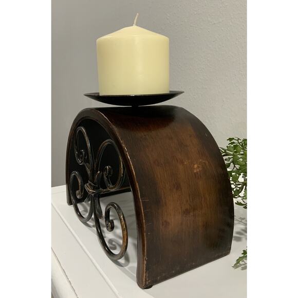 Vtg Brown Black Gold Rounded Arched Swirl Wrought Iron Pillar Candle Holder - Picture 2 of 7
